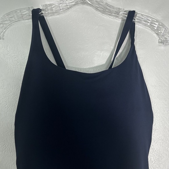 Athleta Adriata Womens Sz S One Piece Swimsuit Navy Blue Woven Panel Round Neck - Picture 12 of 15